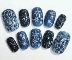 ꕤ︎︎176.夜空ネイル/星柄/フラッシュ/ネイビーブルー×ブラック/キラキラ