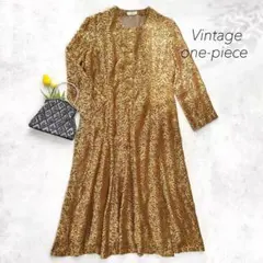 美品 ヴィンテージ 総柄ワンピース ロング丈 ベロア ベージュゴールド 長袖