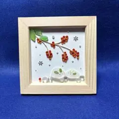 シーグラスアート　雪兎と南天　雪　冬