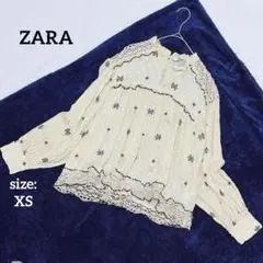 ZARA ザラ 長袖 ブラウス ドット柄 花柄 透け感 刺繍 フリルネック XS
