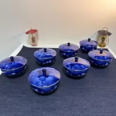 宮内庁御用達 深川製磁 瑠璃 山水 蓋付湯呑 7客揃 美品 有田 フカガワブルー