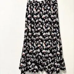 花柄 フレア ロング スカート 小花柄 ティアード ウエストゴム 古着 おしゃれ