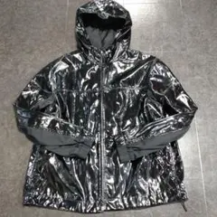 【美品 ナイロンパーカー メンズXL】H&M エナメル ジップアップ 光沢 漆黒