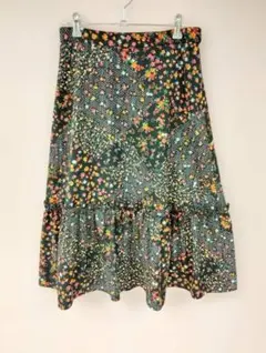 クチュールブローチ 花柄×ドット ティアードスカート 黒 38 Mサイズ