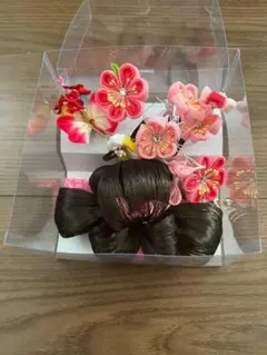 和装髪飾りセット ピンク 赤 花飾り お団子ウィッグ付き 髪飾り