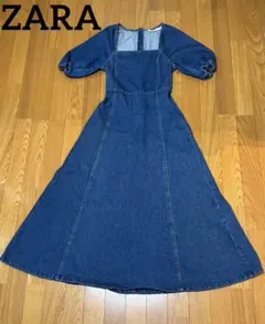 ZARA　ザラ　デニムワンピース　　XS ロング丈　スクエアネック　パフスリーブ