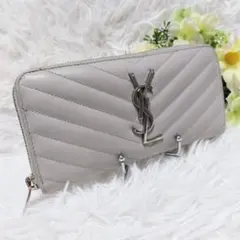 希少✨サンローラン◇ラウンドファスナー長財布　キャビアスキンVキルティンググレー