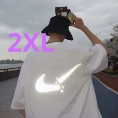 光る バックロゴ 反射ビッグサイズ Tシャツ ホワイト 白