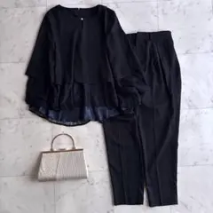 美品 ルイルエブティック レースペプラムトップスパンツセットアップ L ネイビー