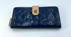 コーチ COACH 長財布 エナメル ネイビー 紺 シグネチャー ウォレット