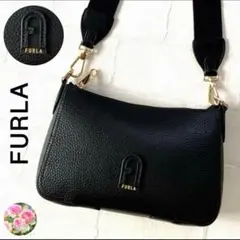 【美品】フルラ ショルダーバッグ アテナ オールレザー アーチロゴ 黒現行
