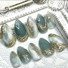 グリーン×マーブル×艶感×ミラー×ニュアンスネイルチップ