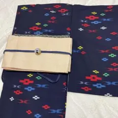 ネイビー幾何学模様　小紋着物　単衣