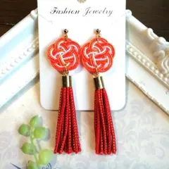 水引オレンジデザイン タッセルピアス/イヤリング(ハンドメイド)