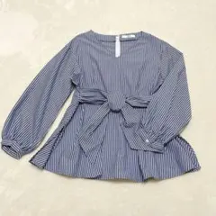 ★IEDIT★ストライプ ウエストリボン ブラウス Lブルー フレア ペプラム