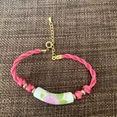 花柄陶器ビーズのピンクブレスレット　レトロ