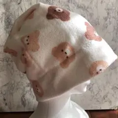 くま柄[125]タオル帽子サウナキャップ　ケアキャップ医療用帽子　抜け毛脱毛