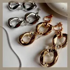 ①クリア×メタルチェーン 大ぶりハンドメイドピアス イヤリング軽量 モード