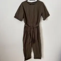 ZARA BASIC カーキ　薄手　シャツ素材　バックオープン　オールインワン