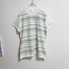エムエムマイユ　半袖ニット　ハイネック　ボーダー　白　グレー　綿混