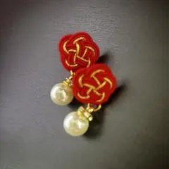 【水引ピアス】梅結び 赤×ゴールド☆