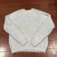 INGNI パール装飾 ホワイトニット　ブルー　Mサイズ
