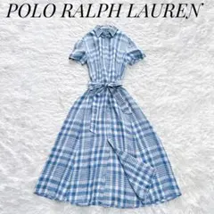 【良品】POLO　2022SS　チェック柄リネンシャツワンピース　4／M〜L相当