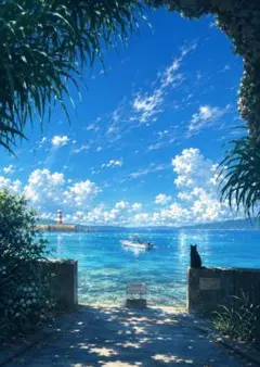 4609 青い海へ続く港町の路地 爽快な夏空アート - メルカリ