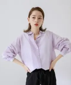 極美品 ラベンダー エアリーコットンストライプシャツ