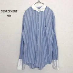 セオルスケント|長袖 シャツ ストライプ柄【9R】ダブルカフス パールボタン 青