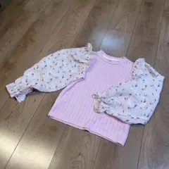 韓国子供服130cmピンク 花柄 フリル袖 トップス
