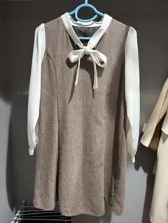 値下げ！MAJESTIC LEGON リボン付きブラウン・ホワイトワンピース M