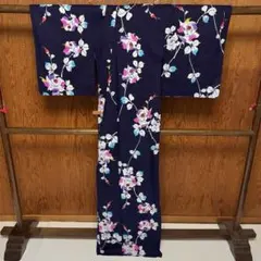 美品 本染め 大人浴衣 レトロ 桜柄 夏着物 アンティーク 注染 紺色