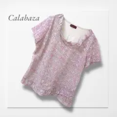 カラバサ◆異素材ミックスTシャツ ピンク 小花柄 フリル シフォン 大人可愛い