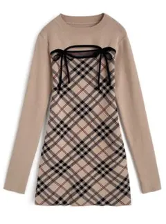 チェック柄フロントオープンリボンニットミニワンピース[ru1372]