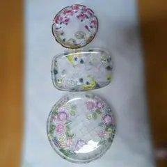 花柄ガラス皿セット、大皿、中皿、角皿の3枚セット