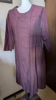 ワインレッド ストライプ Aラインワンピース 7分袖