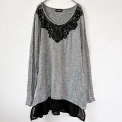 トップス レース 刺繍 シフォン素材切替チュニック グレー L