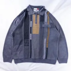 ビンテージ古着 ハンガリー製 90s ハーフジップ 立体 レトロ 総柄ニットポロ