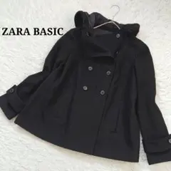 【ザラベーシック】ウール混ポンチョコート ショート丈 ダブルボタン フード 黒