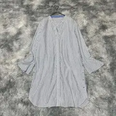 【スマートピンク】ロングシャツブラウス ブルー ストライプ L 比翼ボタン 春秋のサムネイル