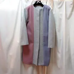 CECIL McBEE　ノーカラーロングコート グレー パープル ピンクMサイズ