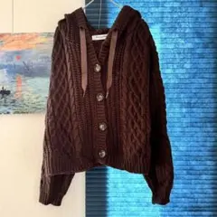 M エムズエキサイト ブラウン ケーブルニット カーディガン フード付き
