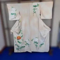 6k1626 着物 正絹 袷 訪問着 ベージュ 金色 橙色 白 青 緑 花柄 - メルカリ