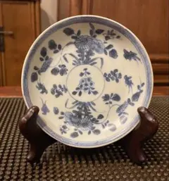 景徳鎮窯　染付絵皿　鑑賞台付 ・沈船品　ヴィンテージ　レア ・台湾茶器