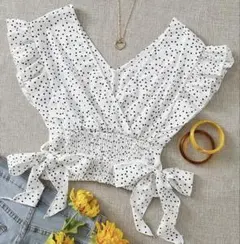 【美品】ドット柄フリル袖 クロップド丈 ブラウス Sサイズ