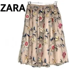 美品 ZARA ザラ フレアスカート ひざ丈 花柄 刺繍 チュール 夏【XS】