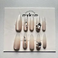 ネイルチップ 韓国 大人 綺麗系 ベージュグラデ ストーン アーモンドmykym