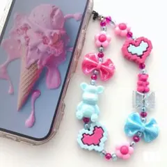 ハンドメイドビーズストラップ♡ピンク×ブルー