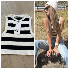 ZARA 完売品 クロップドニットトップス ボーダー ストライプ ノースリーブ